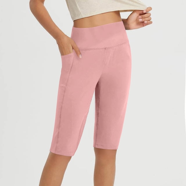 Karight Women Knee Length Leggings Yoga Capris High Waisted Tummy Control Yoga Pants Athletic Biker Shorts with Pockets
