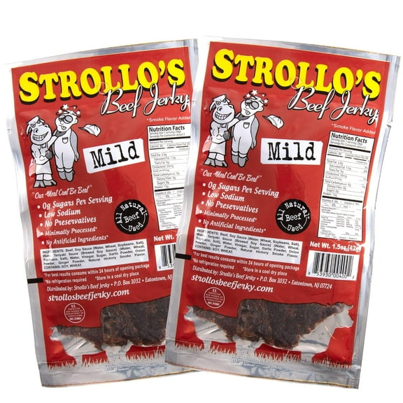 Strollo's Beef Jerky Mild 2 Pack - Low Sodium  Low Sugar  Low Carb - Made with All Natural USA Beef  USDA Certified- 1.5oz Per Bag
