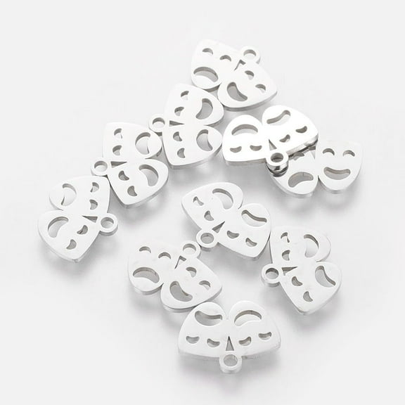 10pc Non-Tarnish 201 Stainless Steel Charms Mardi Gras Charms Drama Mask Stainless Steel Color 10x13x1mm Hole: 1.5mm