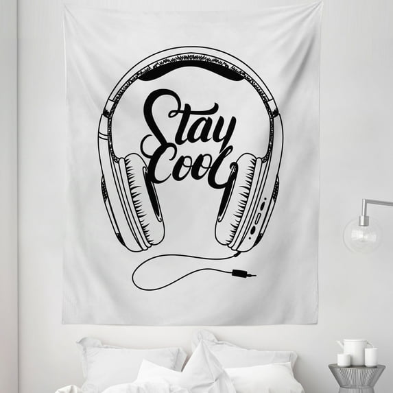 Stay Cool Tapestry, Hand Written Looking Stay Cool Words Between Headphones Music Print, Fabric Wall Hanging Decor for Bedroom Living Room Dorm, 5 Sizes, Pale Grey Charcoal Grey, by Ambesonne