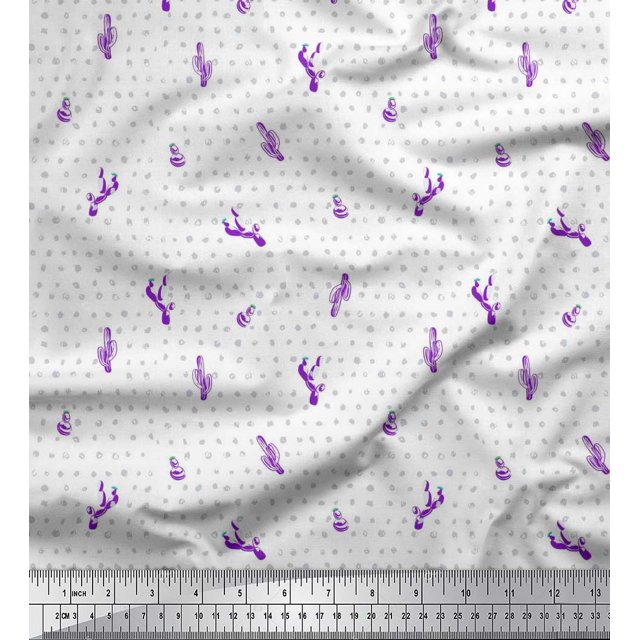 Soimoi Poly Georgette Fabric Brush Stroke & Cactus Tree Printed Fabric 1 Yard 52 Inch Wide