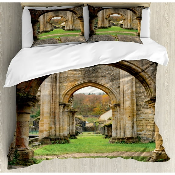 Antique Duvet Cover Set, Autumn View on the Ruins of Famous Medieval Century in Belgium, Decorative 3 Piece Bedding Set with 2 Pillow Shams, Queen Size, Sand Brown and Green, by Ambesonne