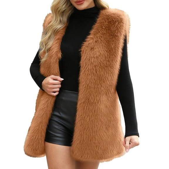 Open Front Faux Fur Vest Women Fashion Sleeveless Fuzzy Outerwear Jackets Soft Fluffy Cardigan Coats Khaki, 3XL