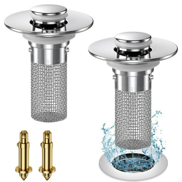 2PCS Bathroom Sink Stopper Strainer, Pop-Up Bathroom Sink Drain Strainer with Removable Stainless Steel Hair Catcher Basket, Universal Fit for US Bathroom Sinks, Bathtubs, Showers & Floor Dr