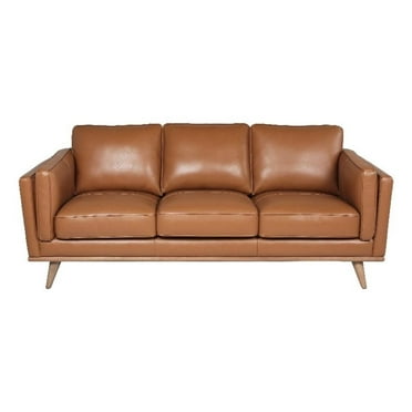 Pemberly Row Mid Century Modern Light Brown Colored Leather Sofa With Wood Base