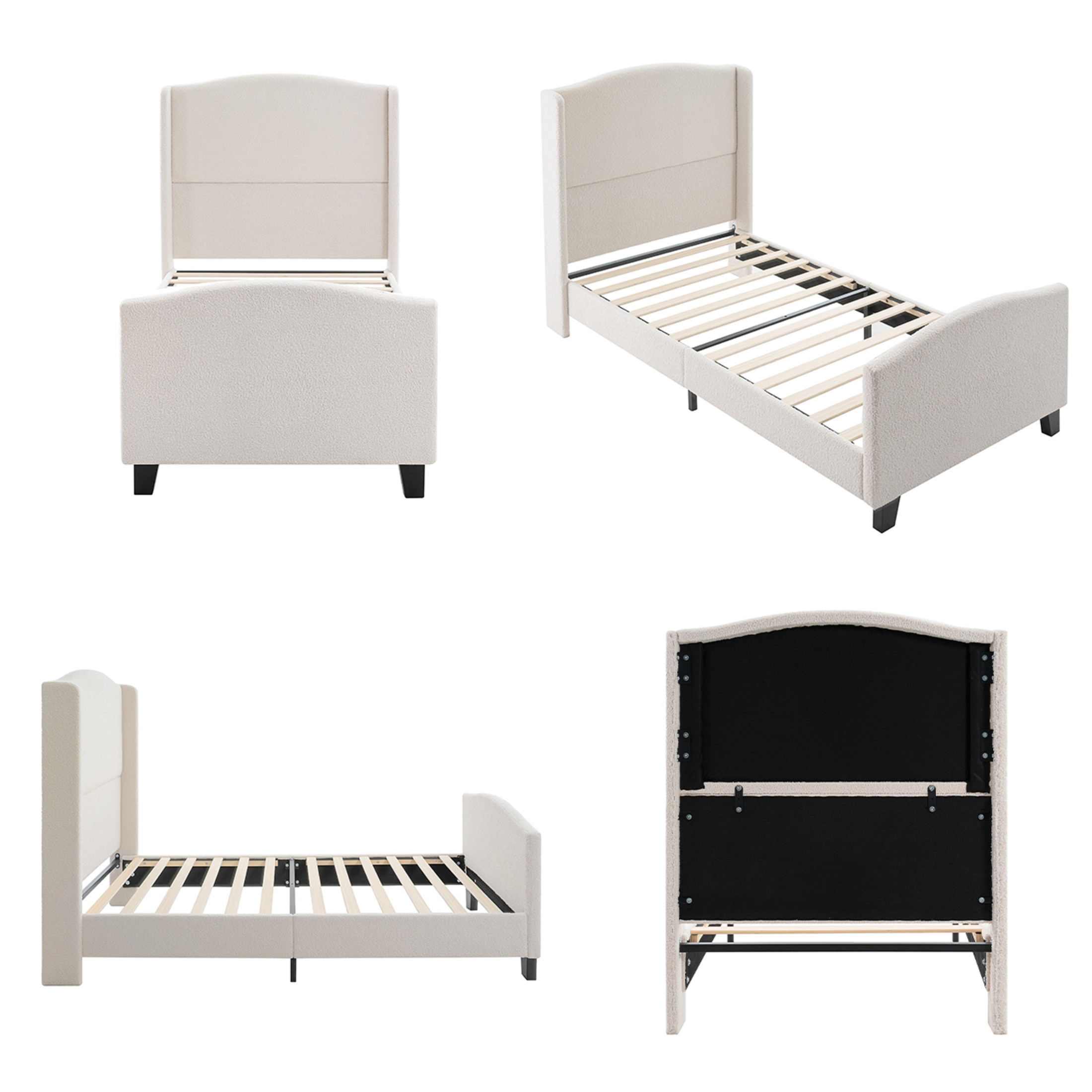 Noble House Diane Twin Size Upholstered Bed Frame, Teddy Velvet Headboard with Solid Wood Legs, Minimal Design, White