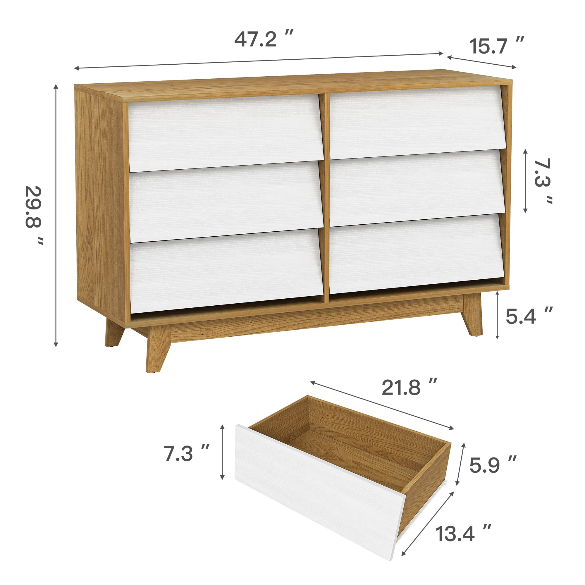 Finihen 6 Drawer Double Dresser Features Vintage-style and Bevel Design, Dresser For Nursery, Kids, Chest Of Drawers, White+Beige Finihen 6 Drawer Double Dresser Features Vintage-style and Bevel Design, Dresser For Nursery, Kids, Chest Of Drawers, White+Beige