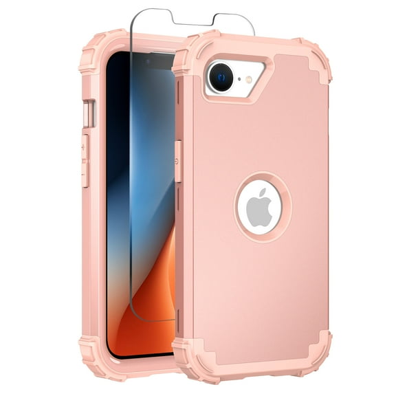 For iPhone 17e 16e Case with Screen Protector, Military Grade Protection Drop Resistant Corner Bumper TPU PC Hard Back Cover Shell Phone Case for Apple iPhone 17e 16e 6.1", Rosegold