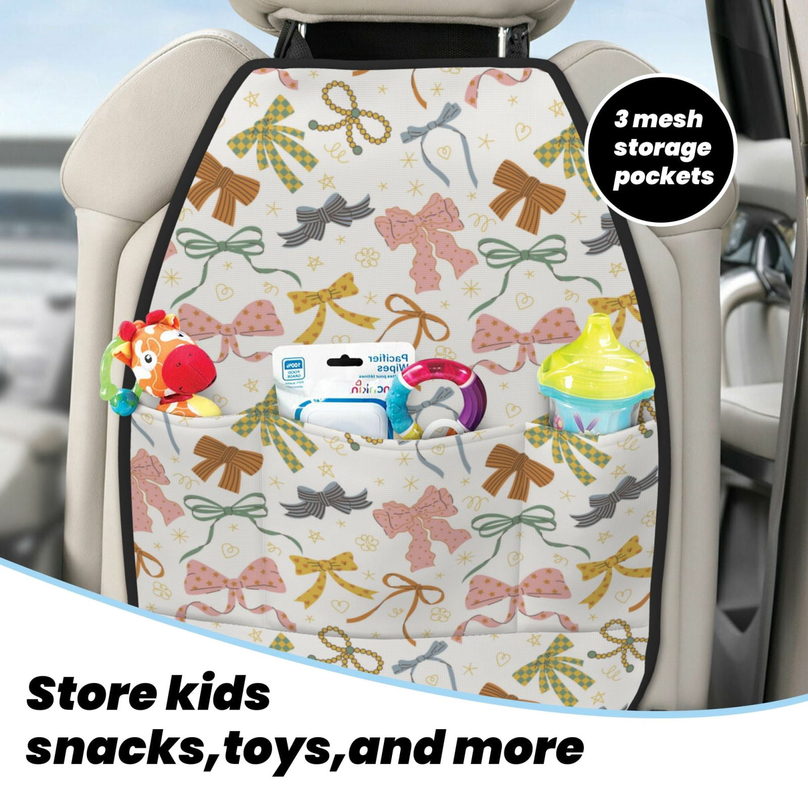Xecao Colorful Bow Knots1 Pattern Car Seat Back Protector 2 Pack Large Capacity Pocket, Kick Mats Back Seat Protector