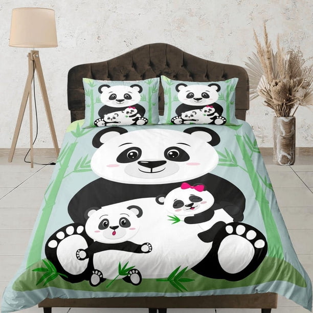 Funda Nórdica Verde Panda, Ropa de Cama Infantil con Funda de Almohada