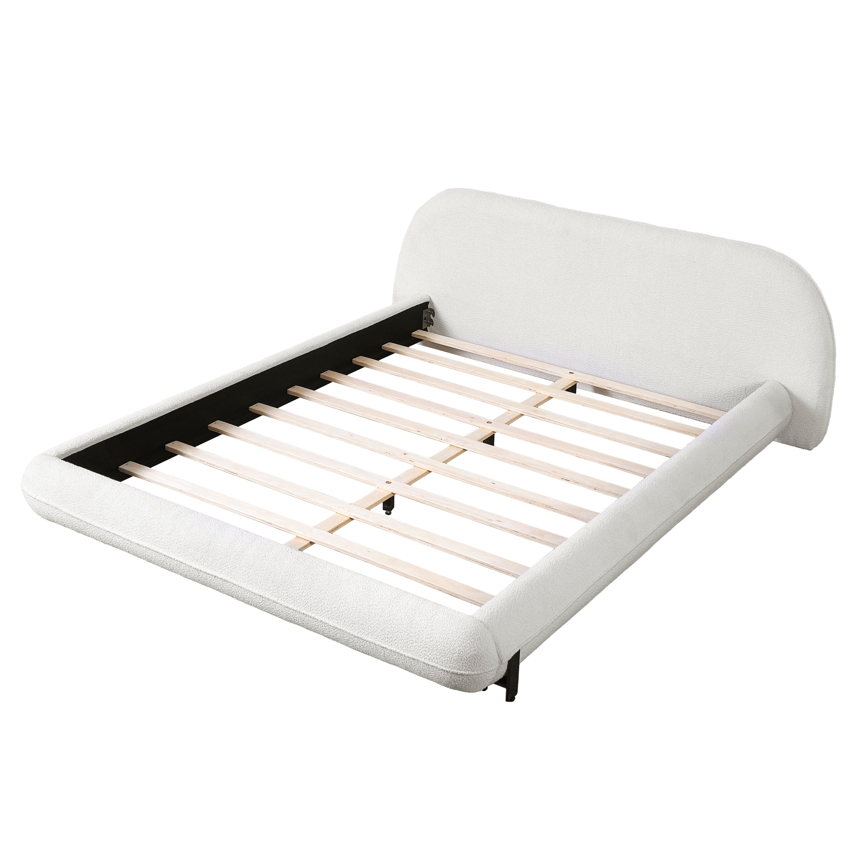 Queen Size Upholstered Bed Frame with Soft Boucle Fabric & Steel Legs, Thick Padded Headboard Platform Bed for Bedroom, White