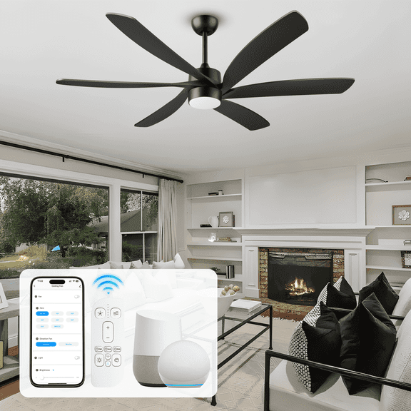 64" Smart Ceiling Fan works with Alexa&App&Remote Control, Modern Black High CFM Noiseless DC Fan for Indoor Outdoor Patios Kitchen