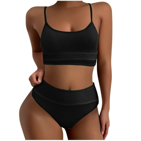 BSDJILFG Cute Bikinis for Women Seamless Ribbed Knit Bikini Top Soft Cup Padded Tank Bra High Waisted Underwear Bottom Clearance