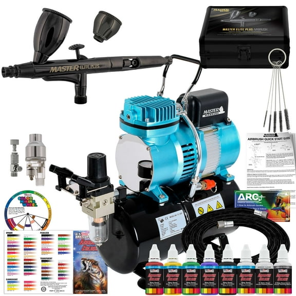 Master Airbrush Cool Runner II Dual Fan Air Storage Tank Compressor System Kit with Master Elite Plus Performance Airbrush Set, Case, Dual-Action, 0.3mm Tip 2 Cups, 6 Color Acrylic Paint Set