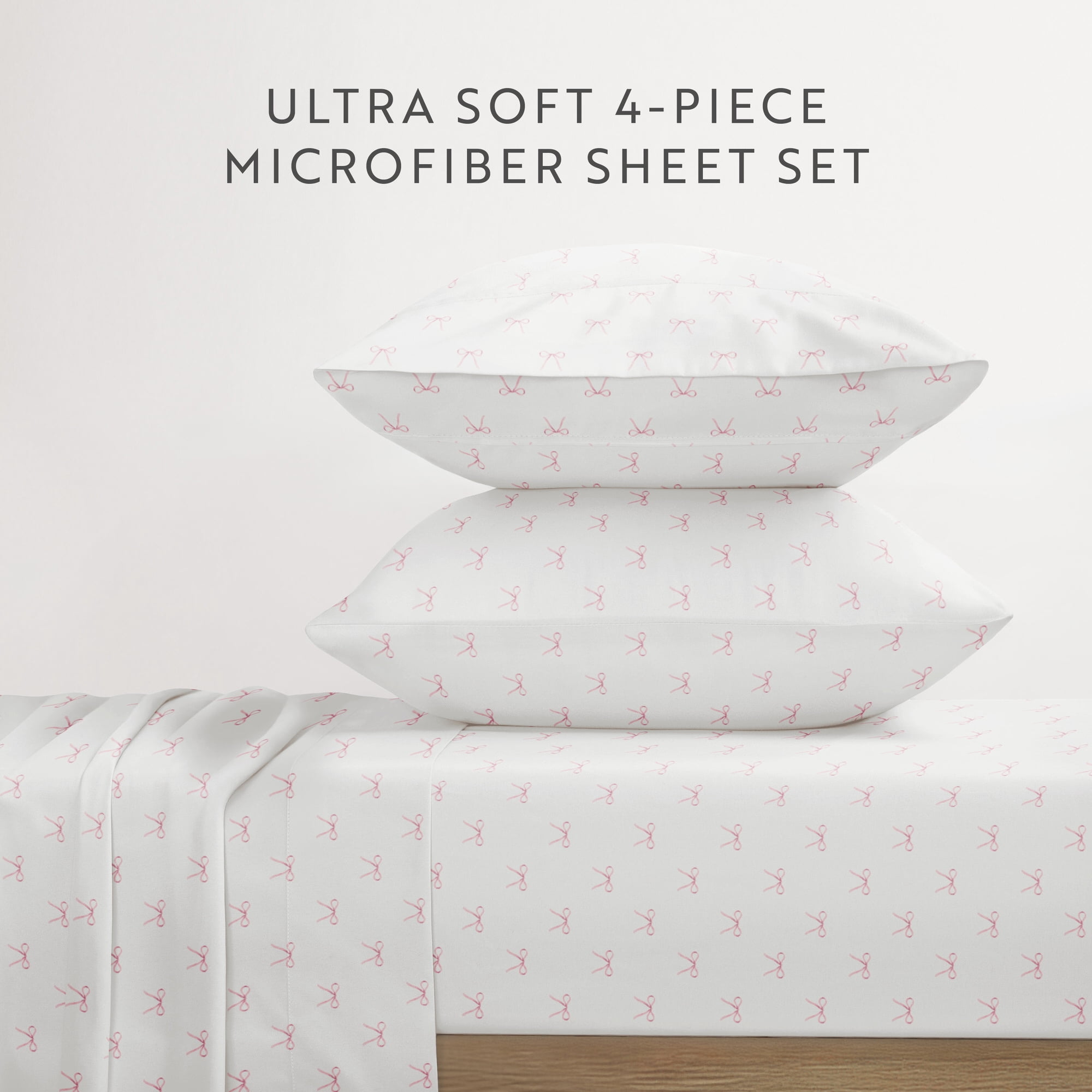 Noble Linens 3 Piece Ditsy Pattern Microfiber Bed Sheets, Pink Bows, Twin