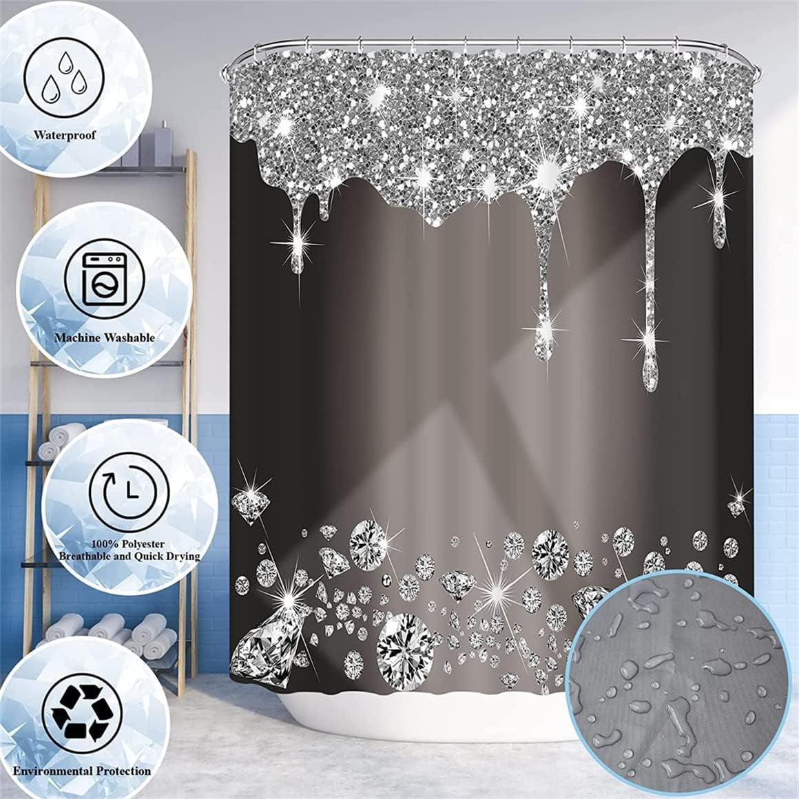 4PCS Bling Diamond Shower Curtain Set with Non-Slip Rugs Toilet Lid Cover and Bath Mat Shower Curtain with 12 Hooks Bathroom Sets with Shower Curtain and Rugs and Accessories