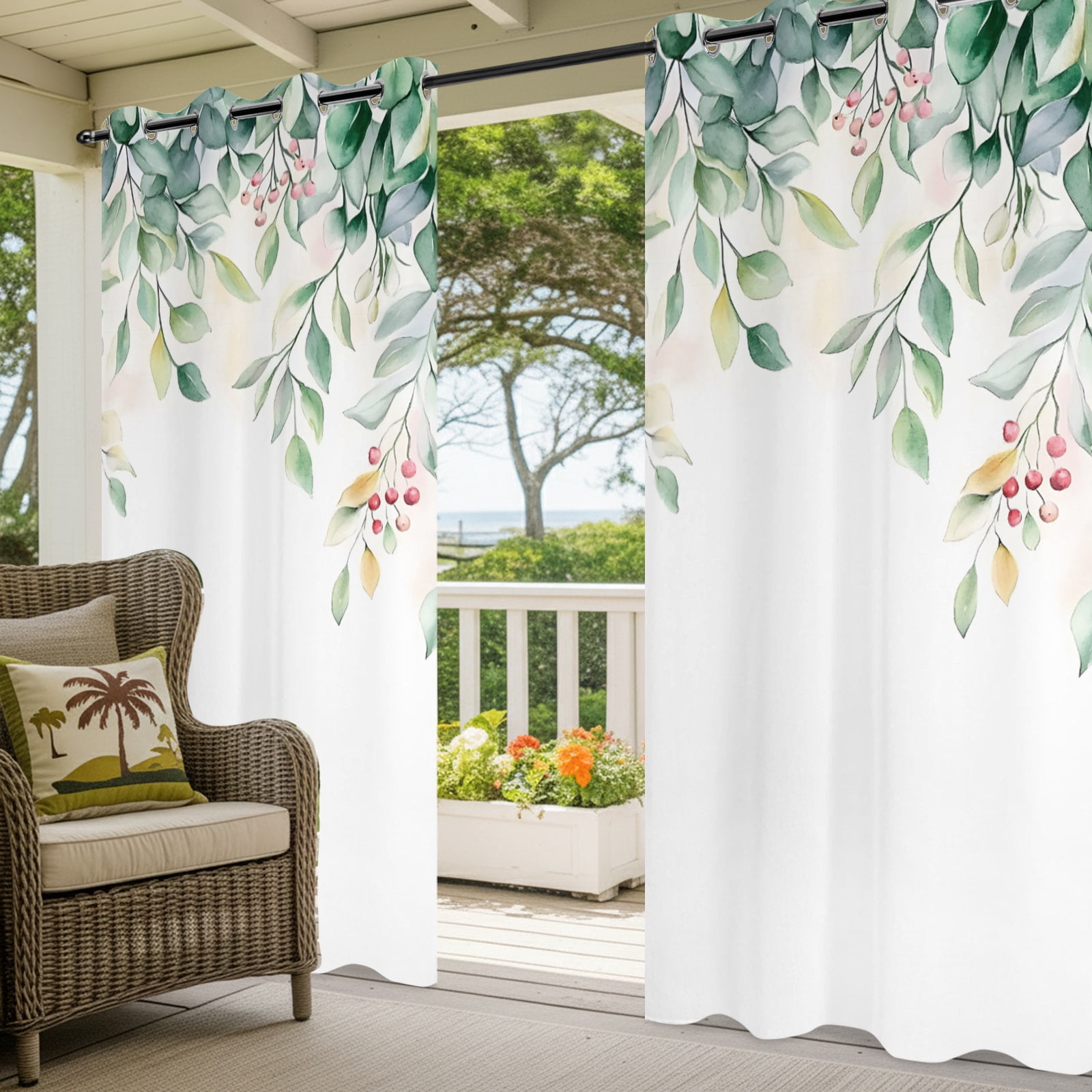 Outdoor Curtains for Patio Waterproof, Eucalyptus Windproof Pravicy Outside Porch Blackout Curtain, Retro Green Spring Botanical Leaf Red Fruit Sun Blocking Grommets Curtains for Cabana 54"x108"
