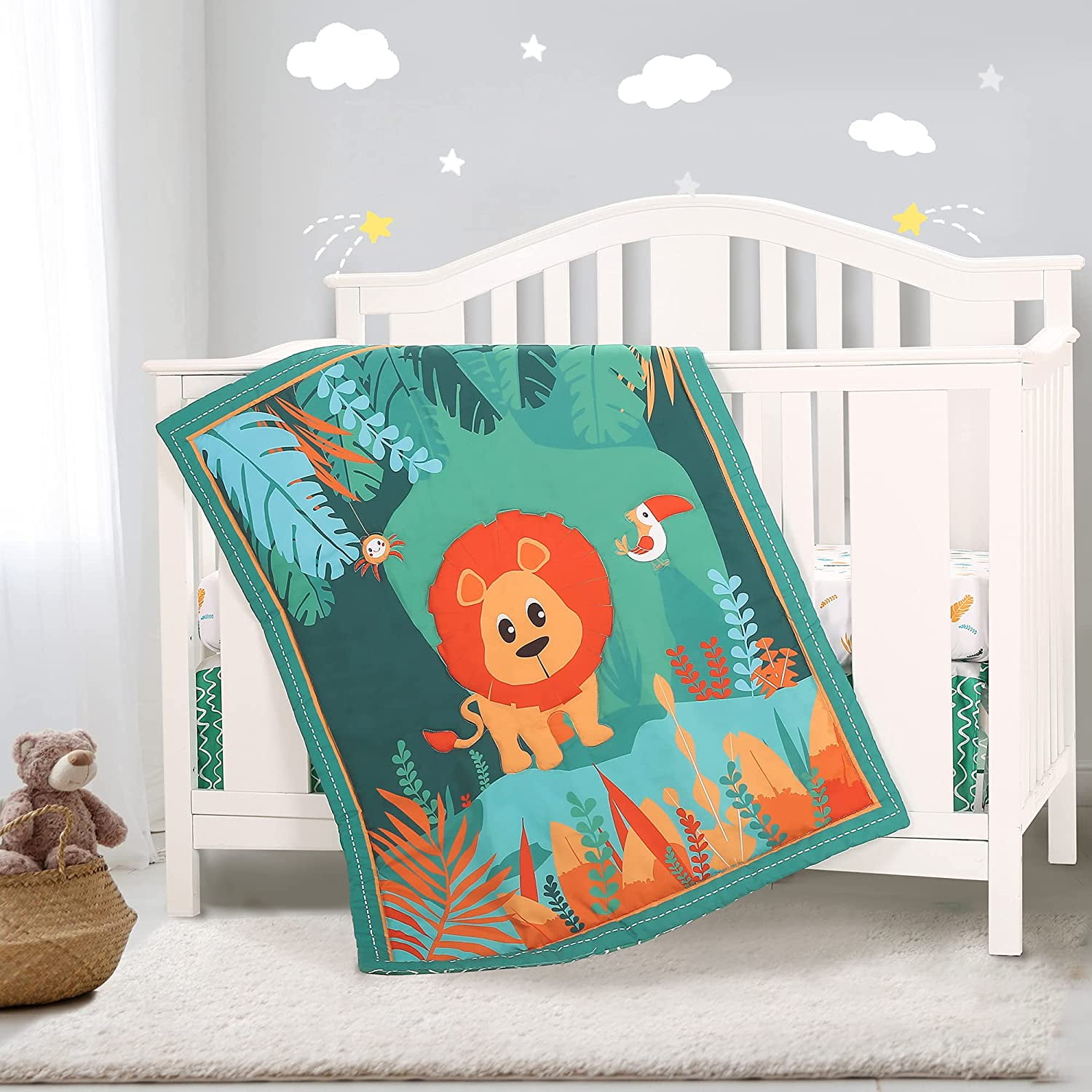 Sweet Baba Jungle Lion Crib Bedding Set for Neutral Baby Girls Boys 3 Pcs Green Bedding Set Including Crib Quilt Crib Skirt Crib Sheet Walmart