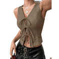 thumbnail image 2 of Women Tie Front Vest Top Open Crop Tanks Summer Waistcoat Sleeveless Y2K Outfits Shirt Khaki S, 2 of 9