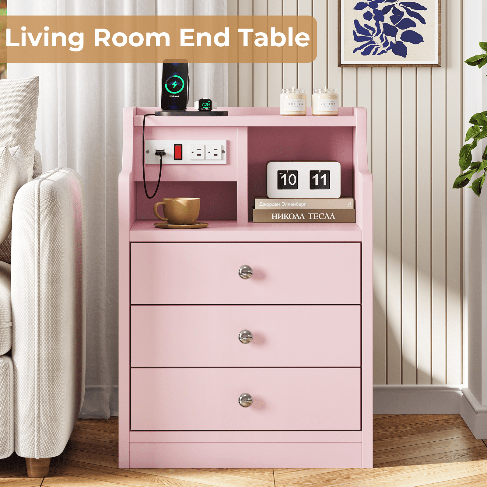 AMUZER Nightstand with Charging Station, Night Stand with 3 Drawers and Open Storage, Bedside Table with 2 USB Ports & 2 Outlets, Modern End Table Bedroom, Pink