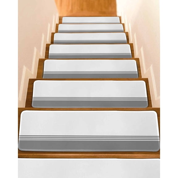 Modern Art Stair Treads Non Slip for Steps Grey White Simple Striped Farmhouse 4 Pcs Reusable Adhesive Stair Runner Mats for Dogs Elders Carpet Treads Rugs for Staircase 8x30 In