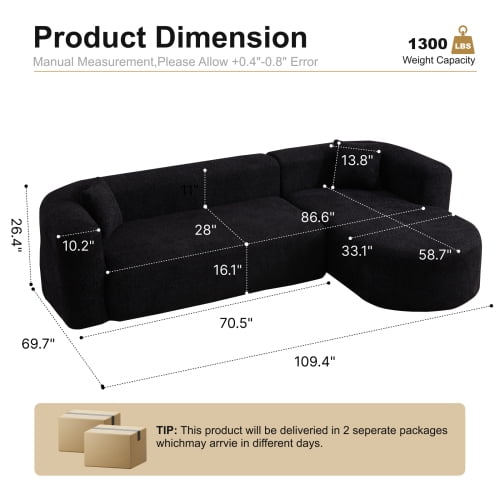 109.4" Boneless Modular Sectional Sofa with L-Shaped Chaise, Cloud-Like Chenille Couch, No Assembly Required, Black