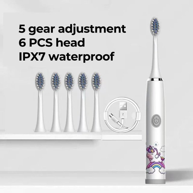 Cepillo de dientes eléctrico para niños, dibujos animados, con cabezal de repuesto, ultrasónico, IPX7, resistente al agua, recargable, sónico