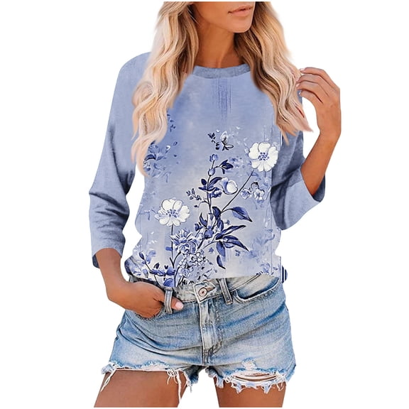 Long Sleeve Shirts for Women Plus Size Women's Fashion Tees Casual CrewNeck 3/4 Sleeve Loose T Shirt Ladies Blouses Shirts Multicolor M