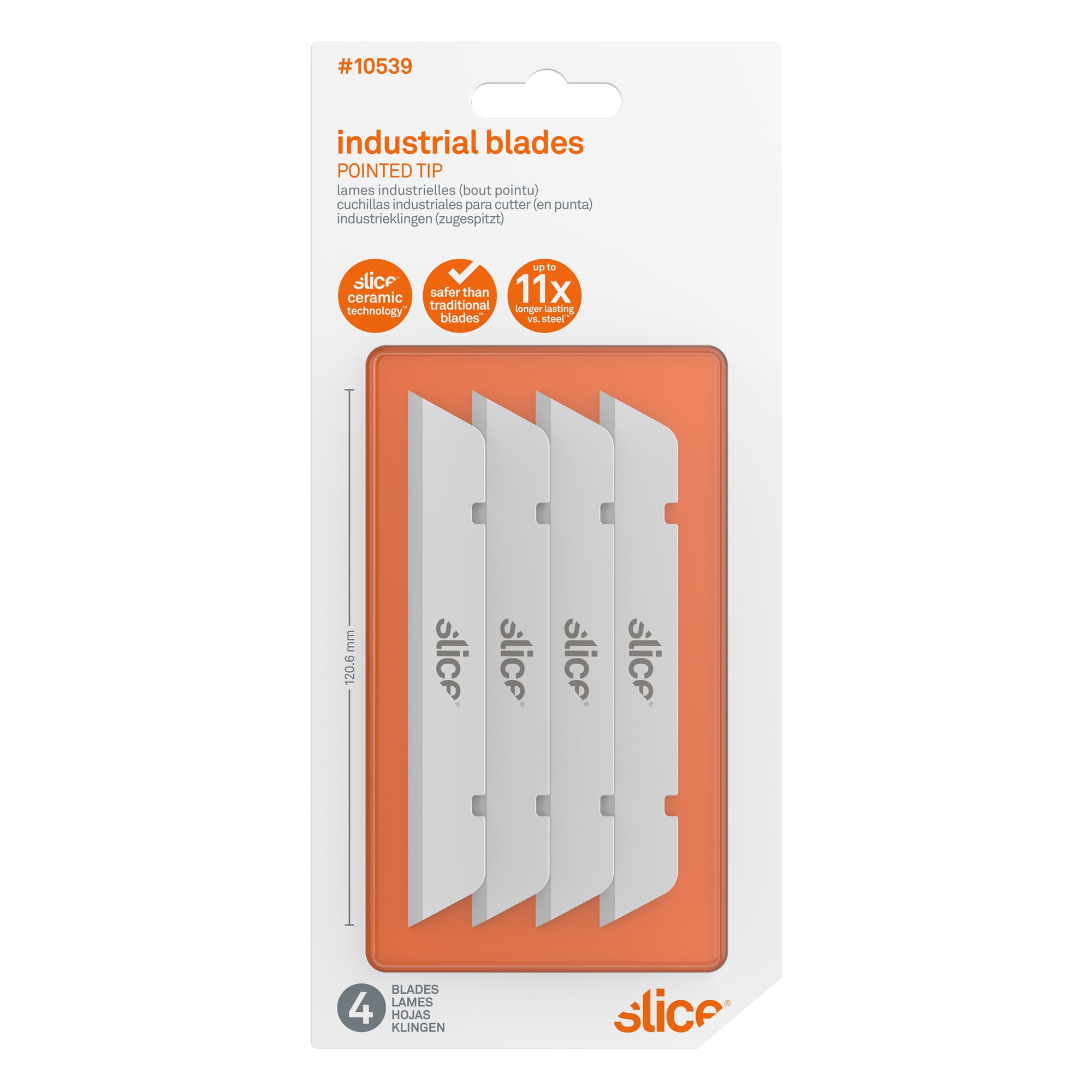 Slice 10539 Replacement Extra Long Industrial Blades - Pointed Tip | Finger-Friendly, Micro Ceramic Safety Blade - Pack of 4