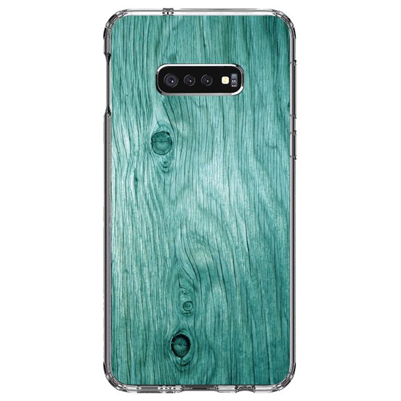 DistinctInk Clear Shockproof Hybrid Case for Samsung Galaxy S10e (5.8" Screen) - TPU Bumper, Acrylic Back, Tempered Glass Screen Protector - Teal Weathered Wood Grain Print - Printed Wood Image