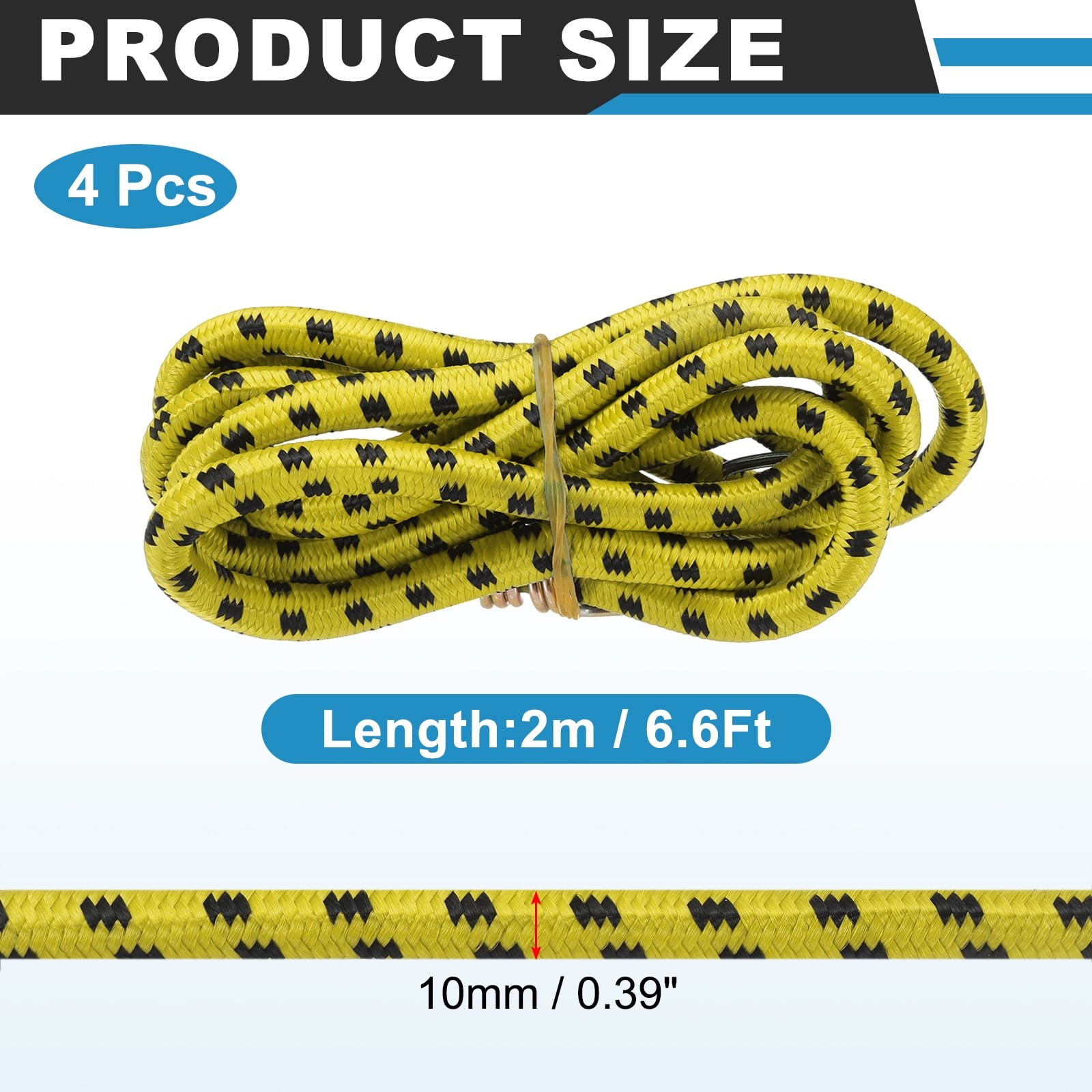 Uxcell 3/8" x 6.6ft Marine Grade Bungee Cord with Hooks, 4Pcs Rubber Heavy Duty Outdoor Elastic Straps Kayak Stretch String Rope for Securing Luggage Moving Cargo, Yellow