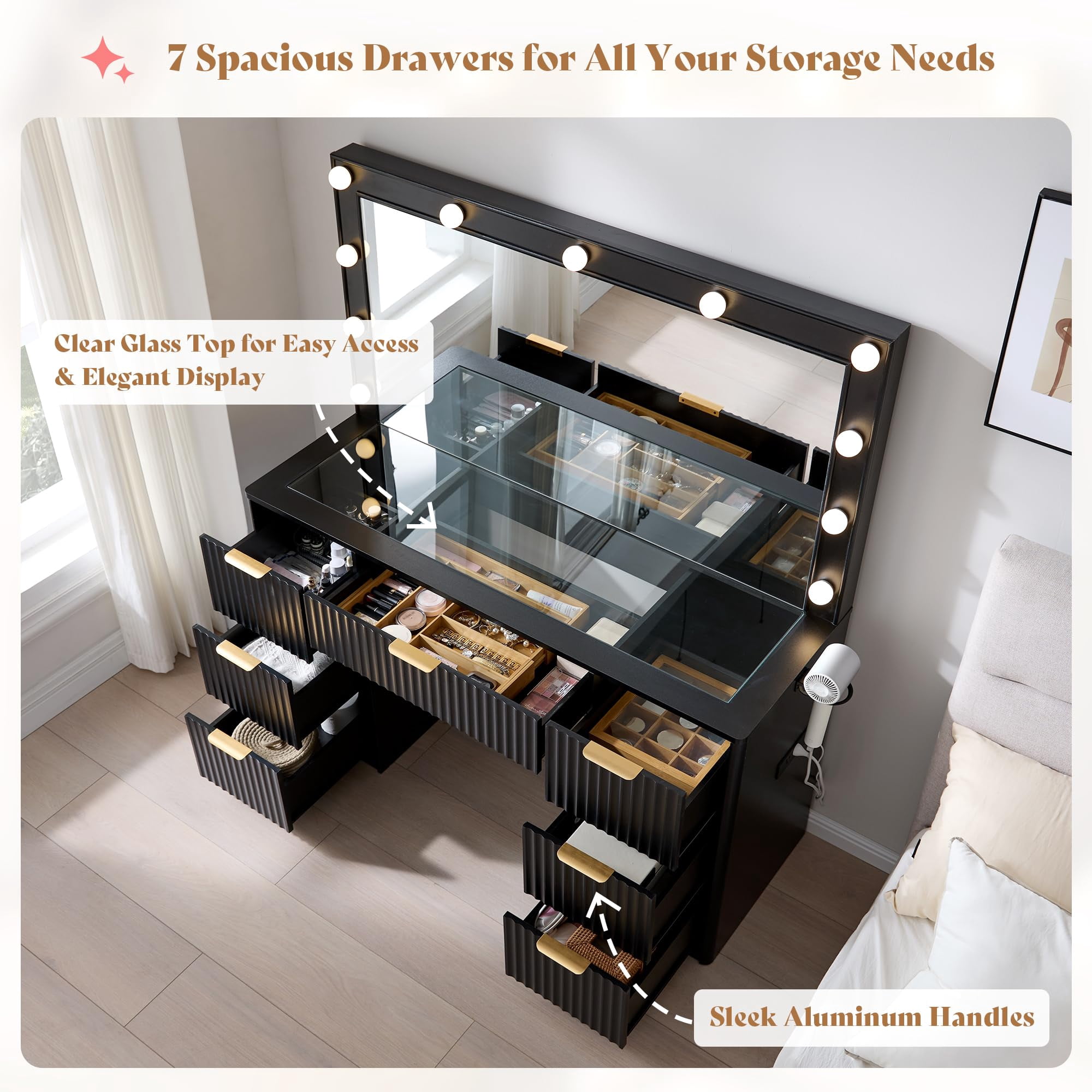 Merluxy 47.2" Girls Vanity Desk with Large Mirror and Adjustable LED Lights, 7 Drawers Makeup Table with Glass Top and Charging Station, Black