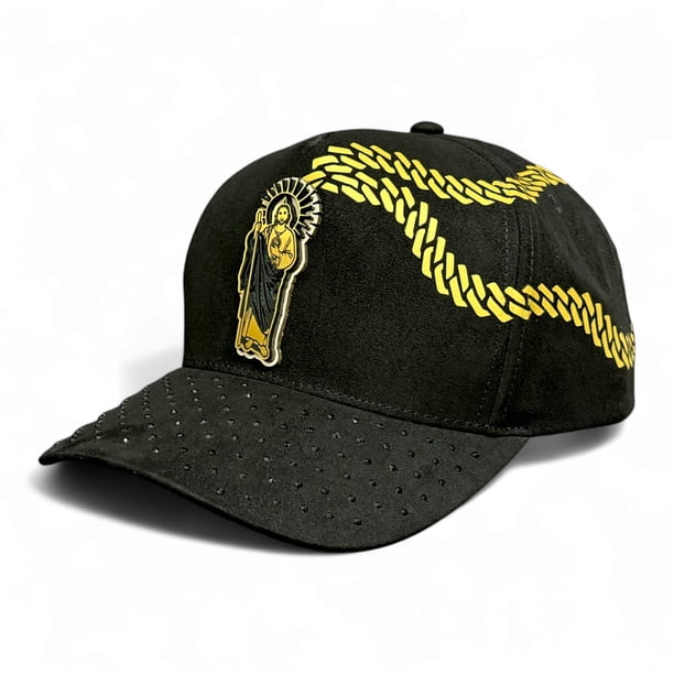 VAGO STYLE Gorra San Judas Diamond Negra Gamuza Cristales Piel Snapback Lujo