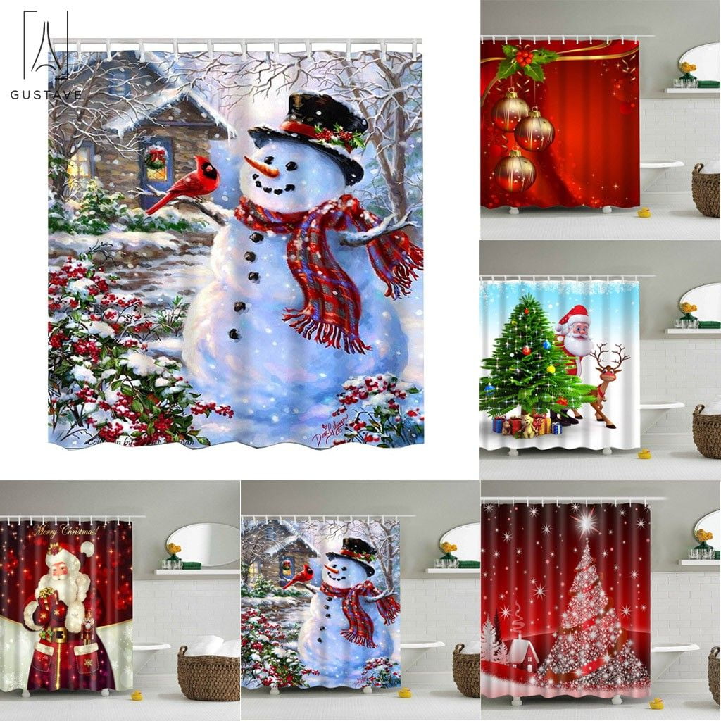 Happy Snowman Shower Curtain Cardinals Winter Bathroom Fabric with 12 Hooks 