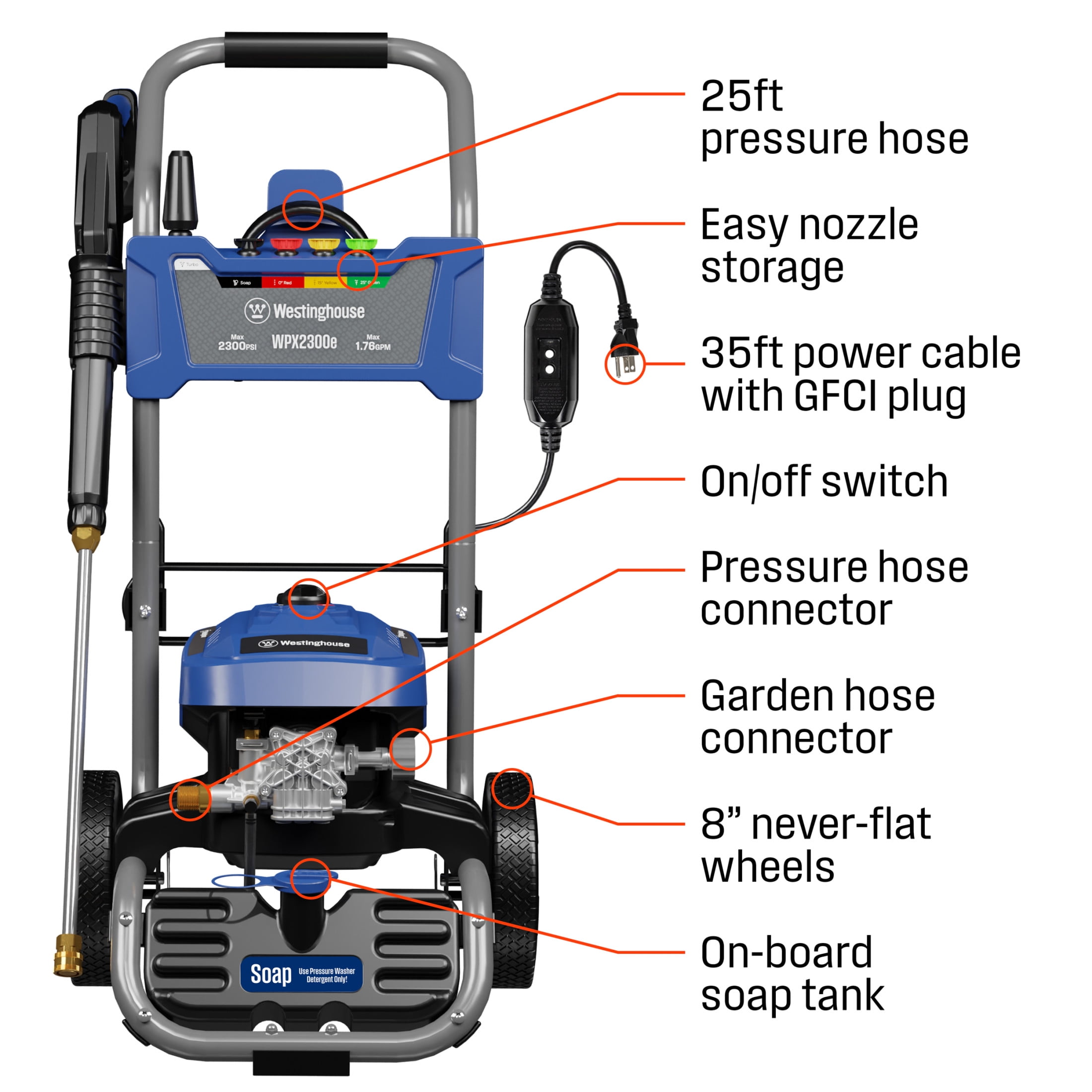 Westinghouse WPX2300e Heavy Duty 2300 Max PSI 1.76 Max GPM Electric Pressure washer with 5 Spray Tips and Soap Tank