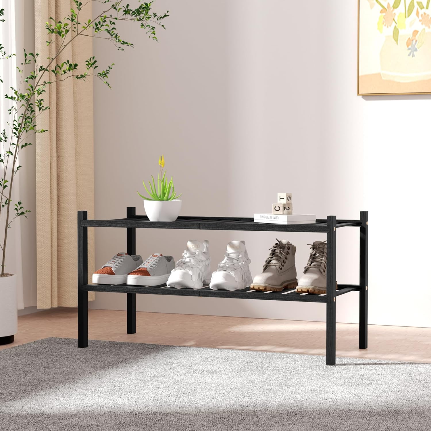 3 Tier Bamboo Shoe Rack for Closet Free Standing Wood Shoe Shelf Storage Organizer for Entryway Small Space Stackable 27"x11"x20" (Black)