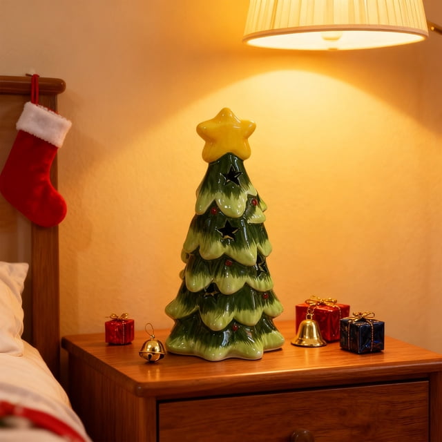 Adorno de Escritorio de Cerámica con Forma de Árbol de Navidad | Decoración Navideña de Cerámica Verde | 20 Cm | 400 G | Idea de Regalo Navideño