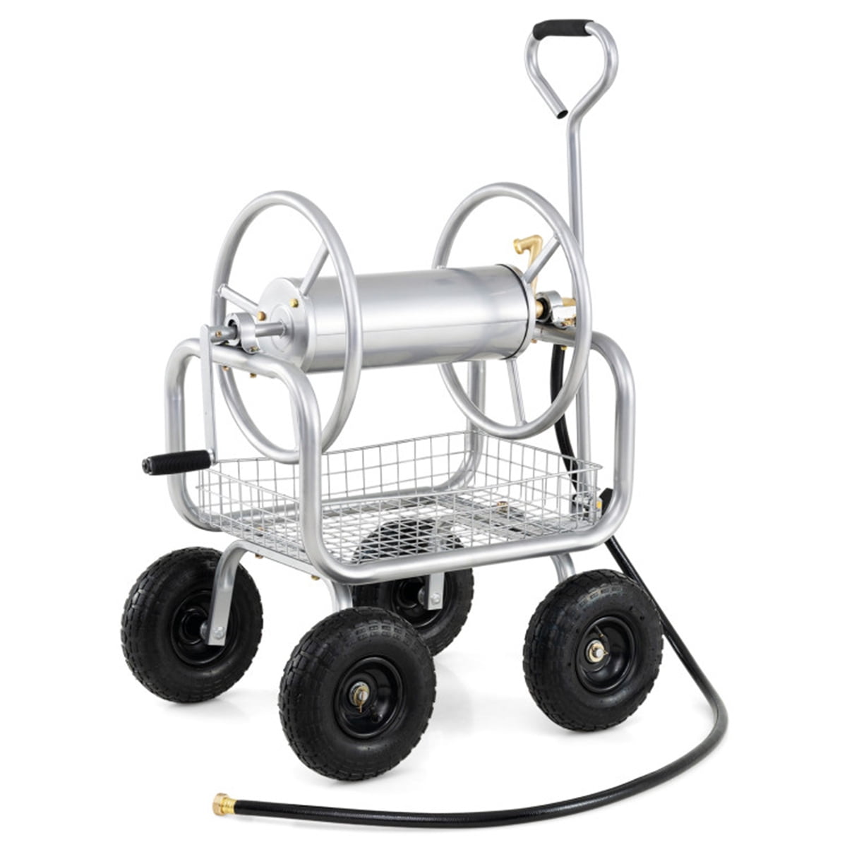 Heavy Duty Garden Hose Reel Cart with 10 Inch Pneumatic Wheels 300 FT Large Capacity Hose Winder with Storage Basket and Brass Fittings Mobile Outdoor Water Hose Holder Silver