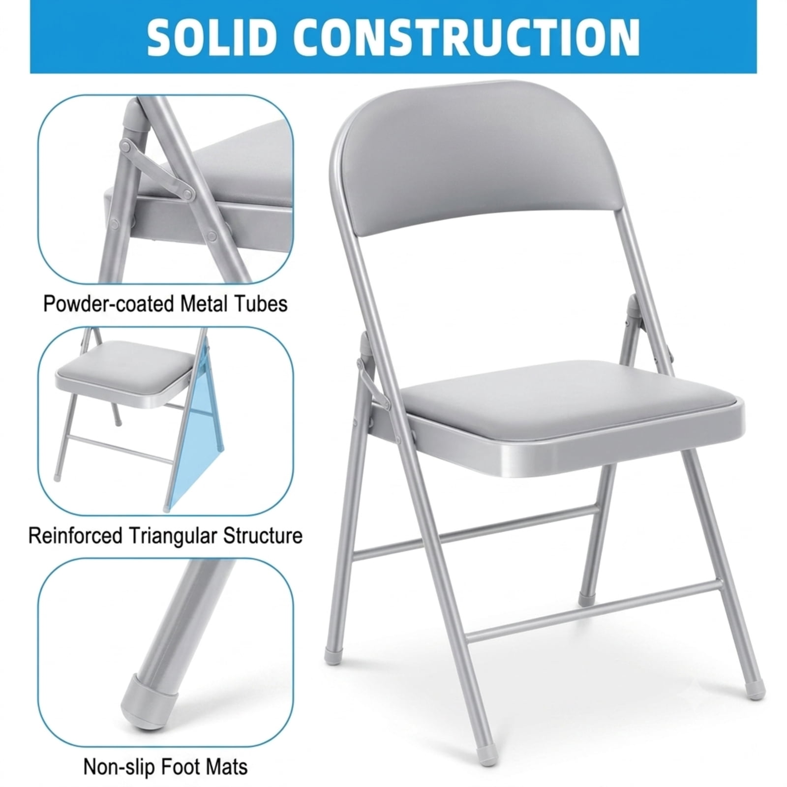 Fenbeli Fabric Padded Folding Chairs 4 Pack, Gray Foldable Chairs with 330 lb Capacity, Portable Seating for Dining Parties and Indoor Outdoor Events