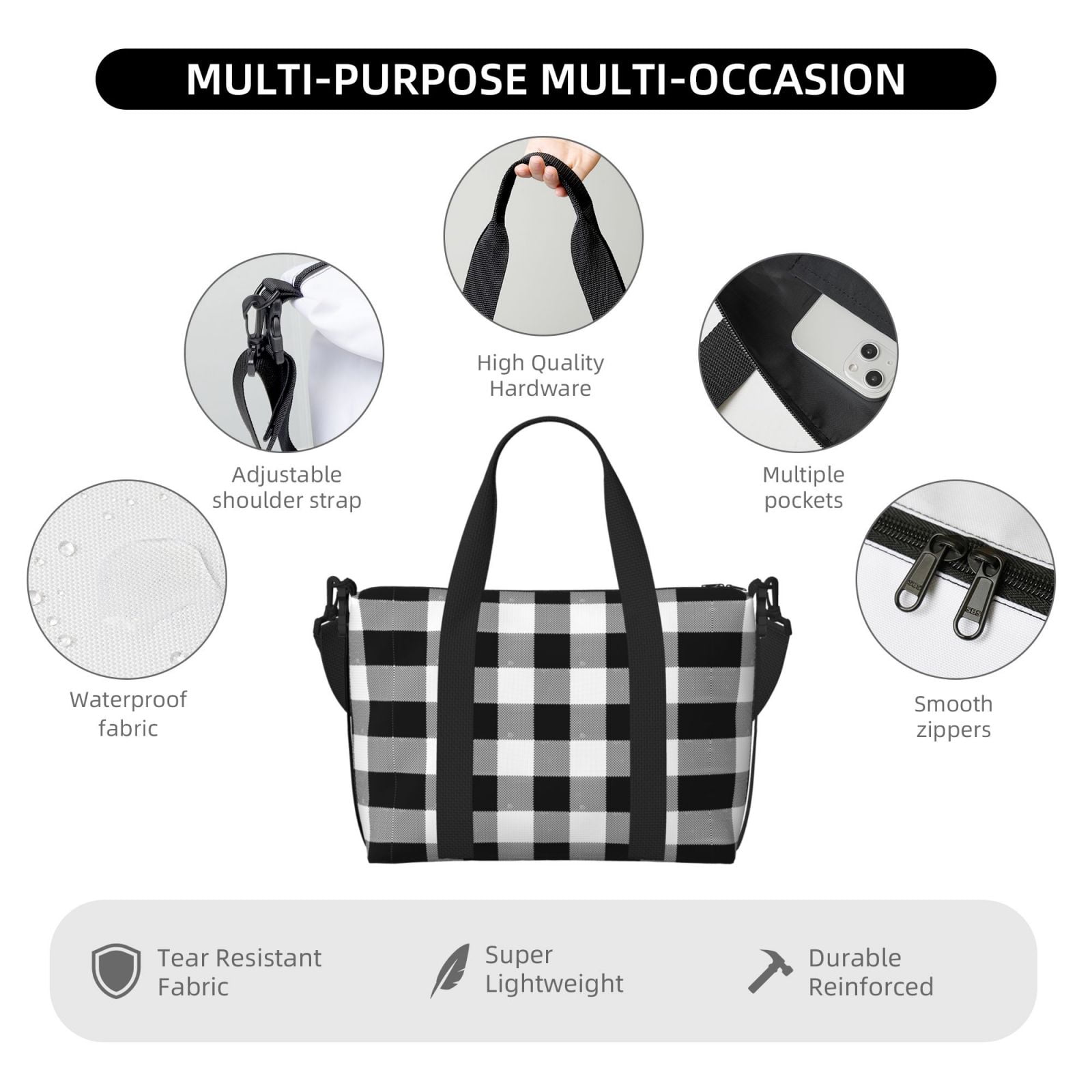 Travel Duffel Bag Black White Plaid Sports Tote Gym Bag Shoulder Weekender Overnight Bag For Women Men