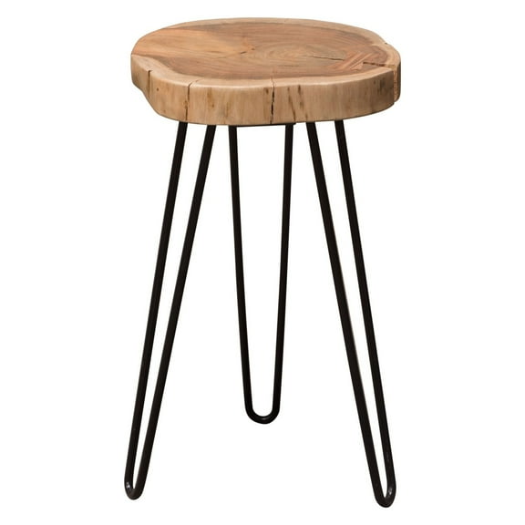 Benjara 23" Side End Table- Hairpin Legs- Natural Brown Acacia Wood- Black Base