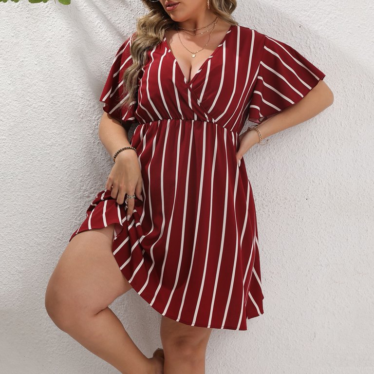 outfmvch red dress plus size striped print wrap v neck short sleeve a line  dress womens dresses fall dresses