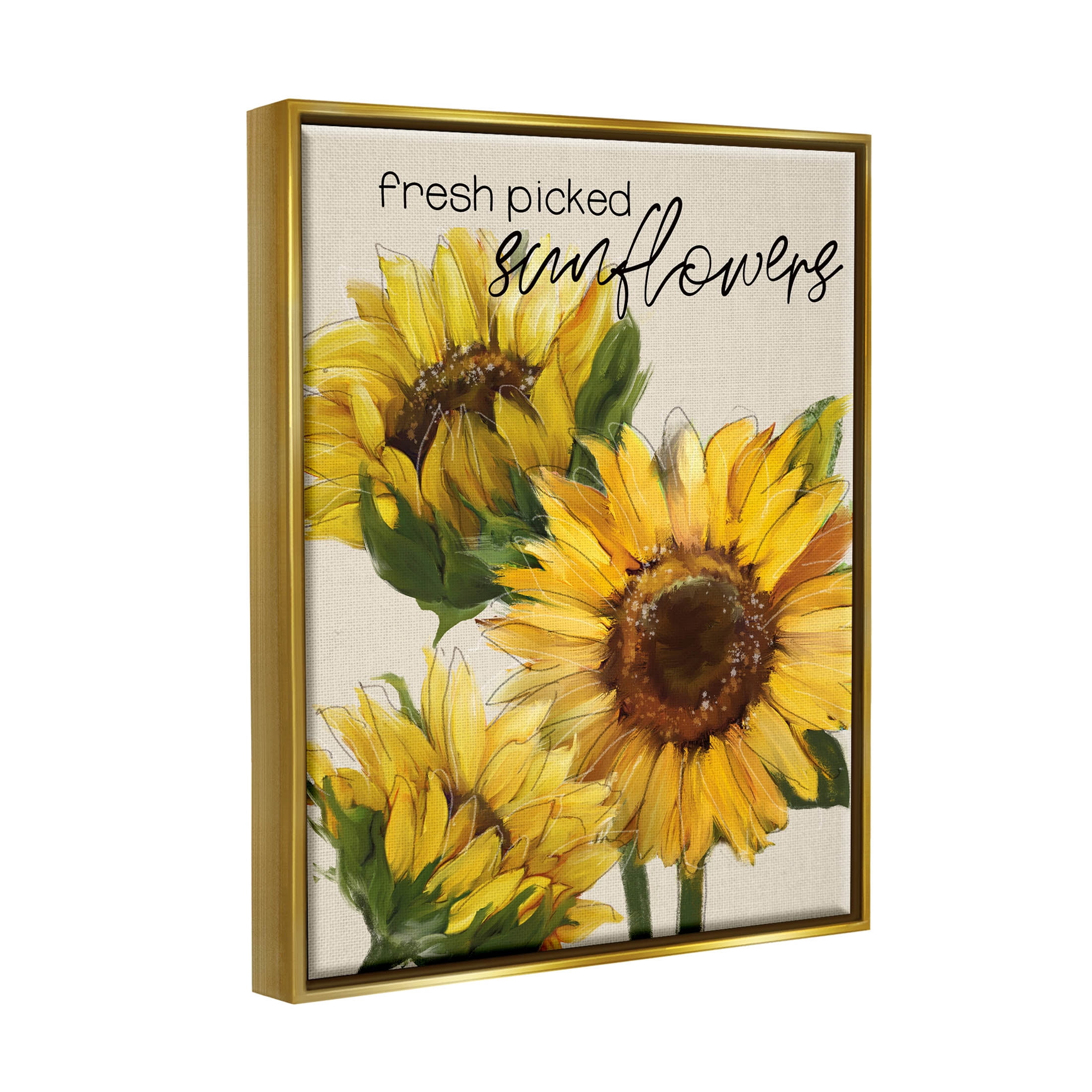 Stupell Industries Fresh Picked Sunflowers Typography Graphic Art Metallic Gold Floating Framed Canvas Print Wall Art, Design by Conrad Knutsen