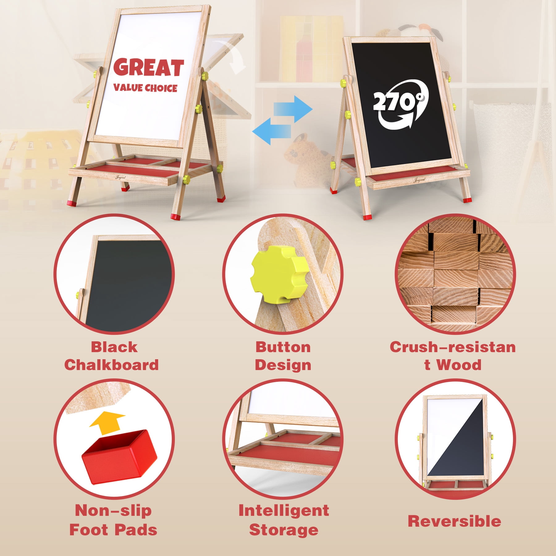 JOYOOSS 3-in-1 Kids Easel with Chalkboard & Whiteboard, Wooden Toddler Art Easel for Ages 4-12, Adjustable Magnetic Drawing Board with Markers & Eraser 105-Natural