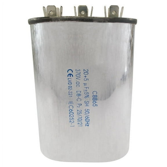 Appli Parts Dual Run Capacitor for ac 20 5 Mfd uF (microfarads) 370VAC CBB65 Oval Universal fit for hvac and other applications  2-3/4 in Wide 1-3/4 in Depth 4-1/4 in Height CON-20/5-370