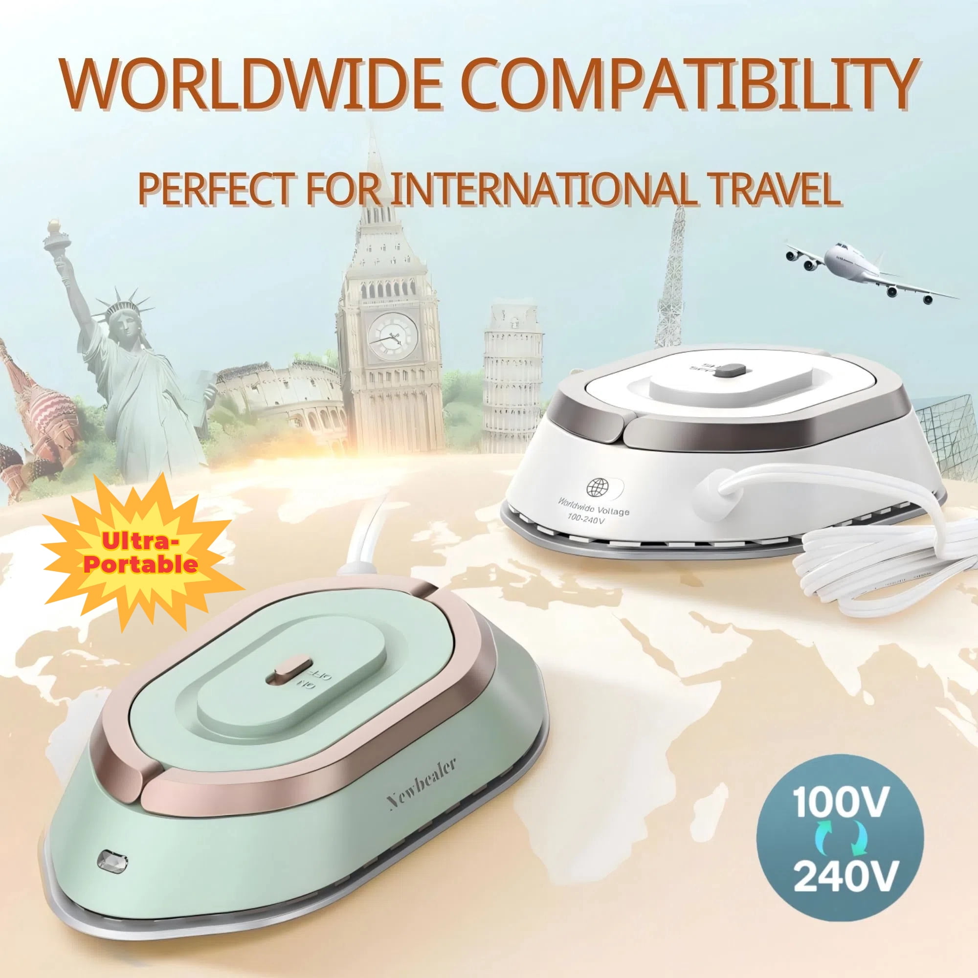 Newbealer Travel Iron for Clothes,100V-240V Portable Mini Ironing Machine with Non-Stick Soleplate,0.8lb Ultra-Lightweight,302°F Small Iron for Sewing,Quilting and Handcraft