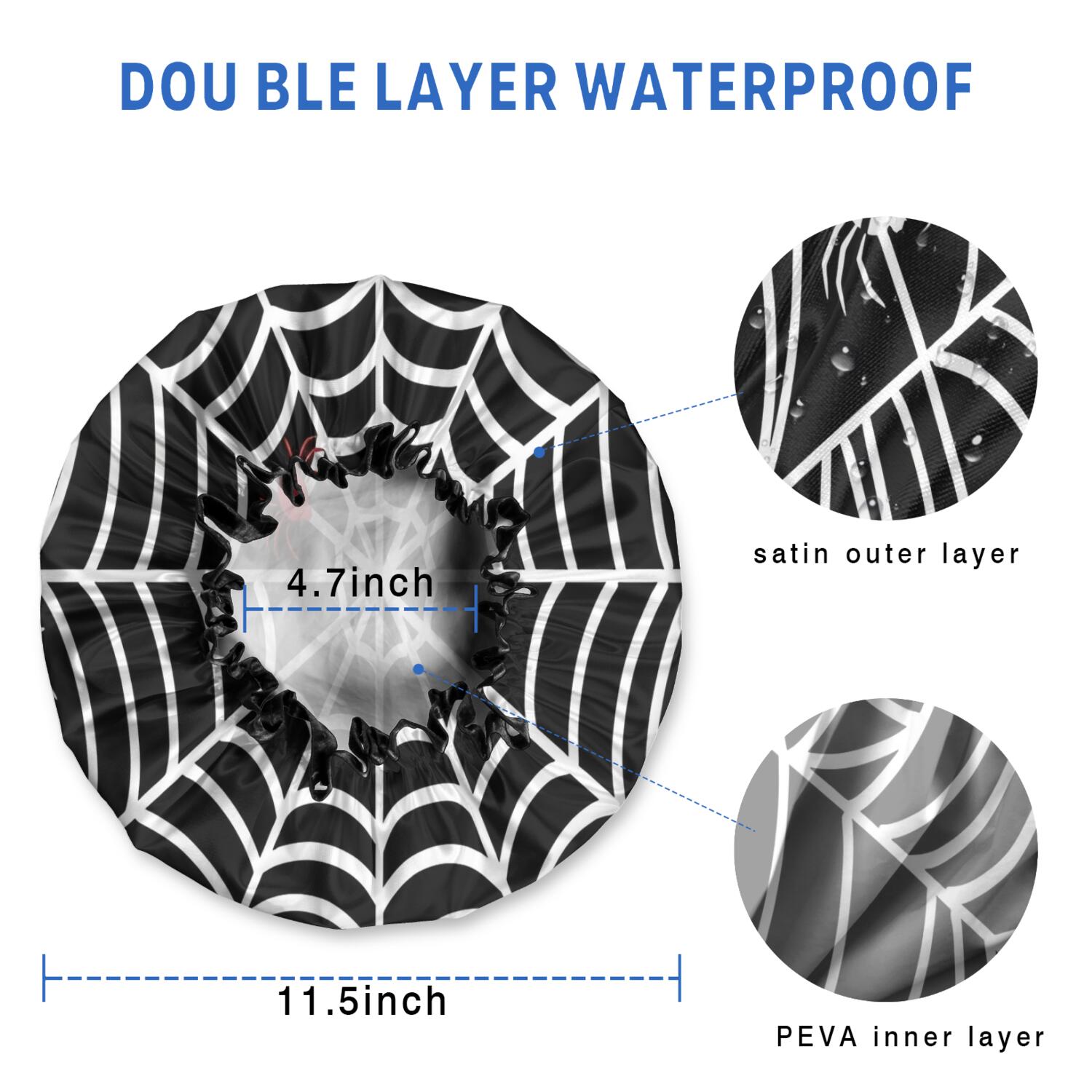 Shower Caps,Black Halloween Spider Webs Waterproof Shower Cap for Women 4 Pieces,Double Reusable Hair Cover for Shower PEVA Elastic Stretch Hem