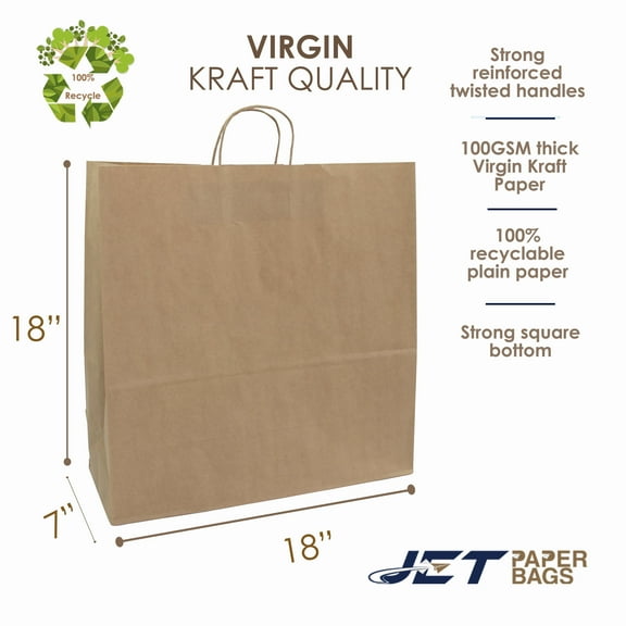 Jet Paper Bags Large Brown Kraft Paper Shopping Bags, 25 Pieces, 18" x 7" x 18"H -Nina