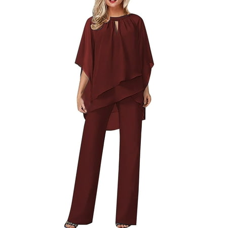 CILENON Elegant Ruffle 2 Piece Sets Women s Solid Color Loose Irregular Set Casual Pantsuits with Short Sleeve Chiffon Ruffle Blouse (Red S)