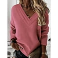 thumbnail image 2 of WRKEKC Womens Long Sleeve Tops, Sweatshirts for Women, Ladies' Loose Solid Color Long Sleeve V-Neck Fleece Sweater, 2 of 4